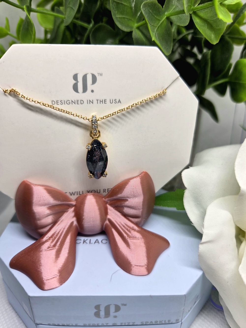 BP Gold Necklace With Black Ice Crystal Marquise Pendant